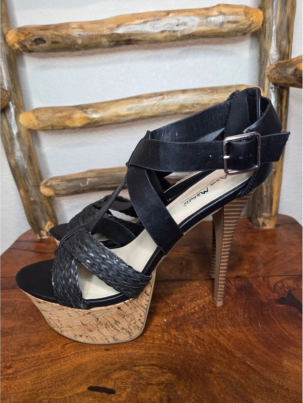 Anne Michelle Black High Heel Platform Sandals with Cork Sole, sz 10